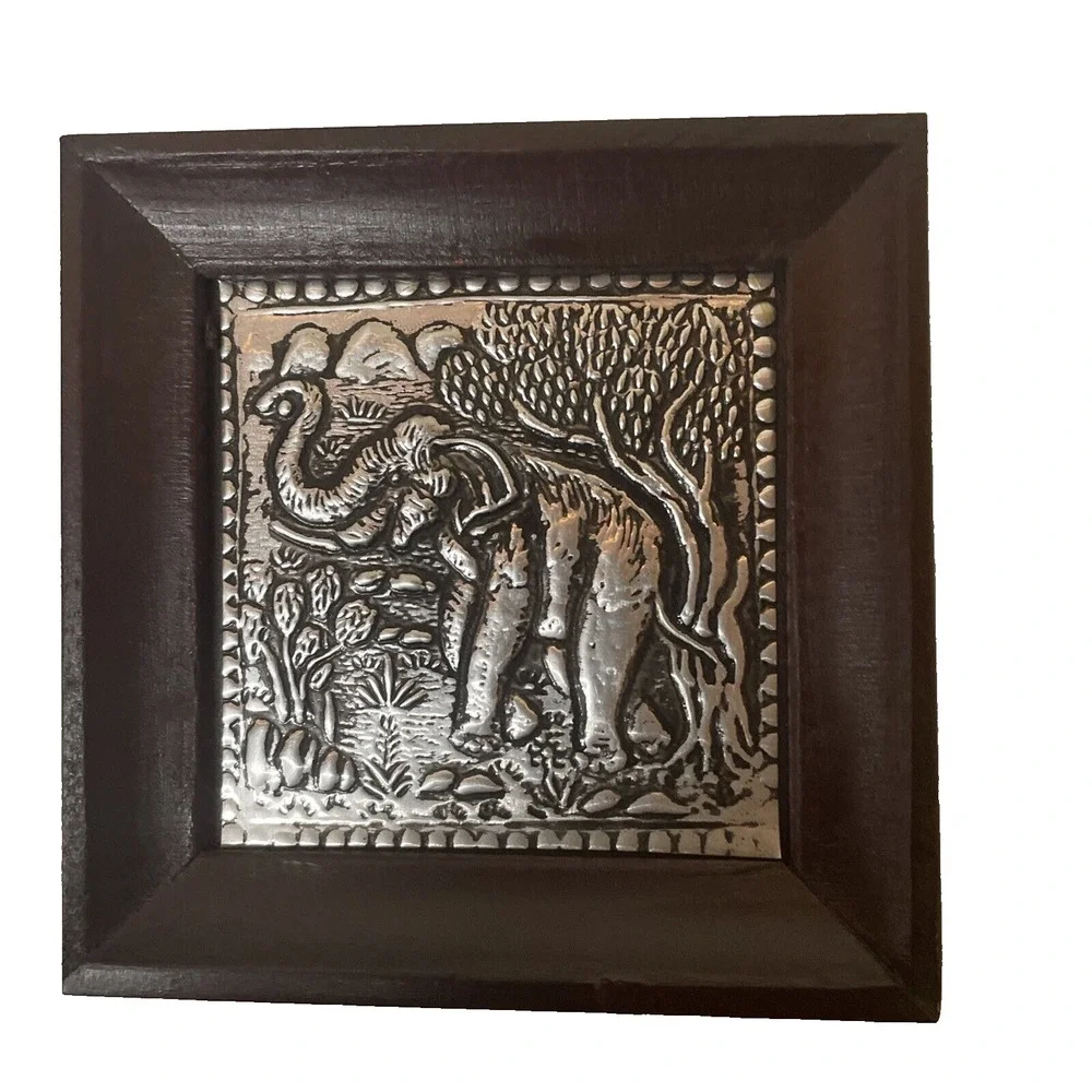 Trinket Tray Elephant Embossed Aluminum and Wood 4